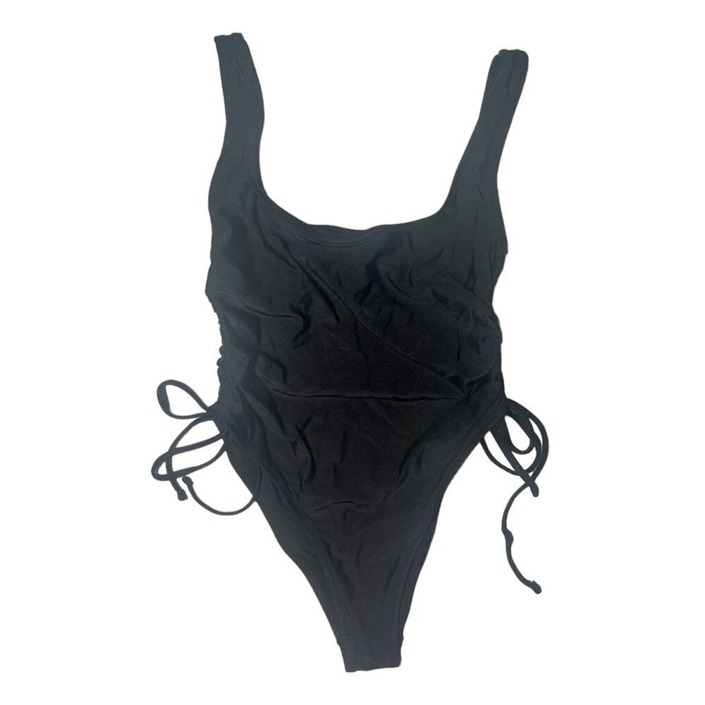Forever 21 Womens Swimsuit Small One Piece Black Ruched Sexy Thigh High Baywatch
